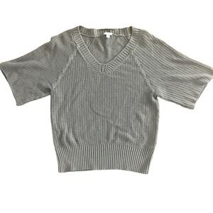 J. Jill Knit V Neck Sweater Sz M Gray Brown Wide Short Sleeve Cotton Blend